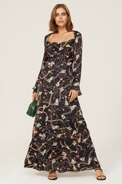 FAME & PARTNERS Black Gold Tassels Chains Print Bell Sleeved Ceramic Gown US 12